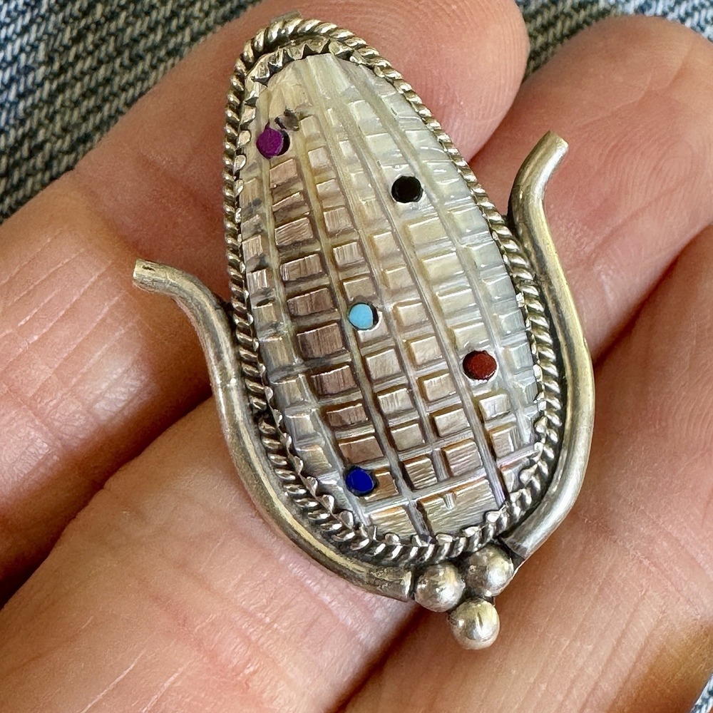 Zuni Ear Corn Pendant Pin‎ Carved Abalone 1 3/8" Turquoise Signed L